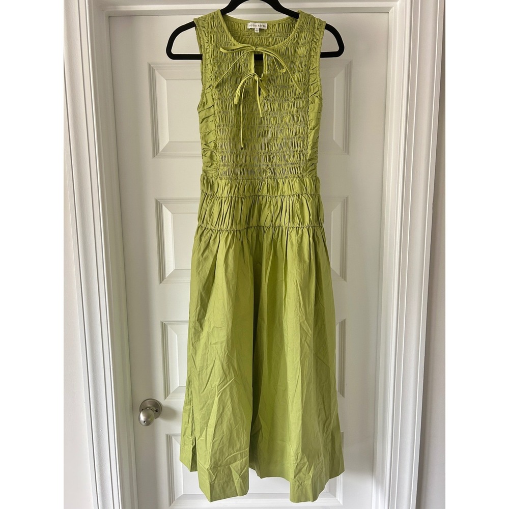Moon River Lime Green Smocked Midi Dress Sleeveless Cotton Poplin Medium